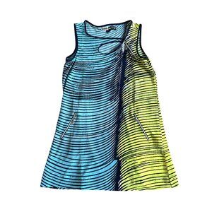Jamie Sadock Womens Sz L Sleeveless Striped Dress W/ Zipper Pockets Blue & Yello